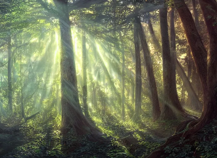 Image similar to a hyper-detailed oil painting of a fantasy forests with rays of light coming through the canopy; an extraordinary masterpiece!!!; flawless; photorealistic; trending on artstation; f/1.4; 90mm