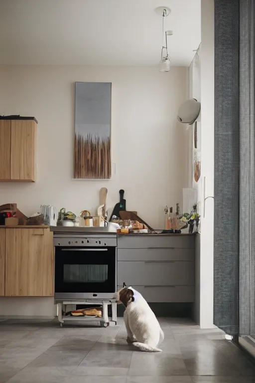 Image similar to Medium Format Portrait Photo of a modern kitchen with a toilet in the middle of the room. A dog is cooking breakfast. award winning, highly detailed, depth of field, Cinestill 800t, wide shot, photo print.