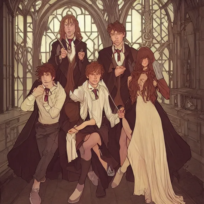 Image similar to harry, hermione and ron during their first year at hogwarts by artgerm, greg rutkowski, alphonse mucha