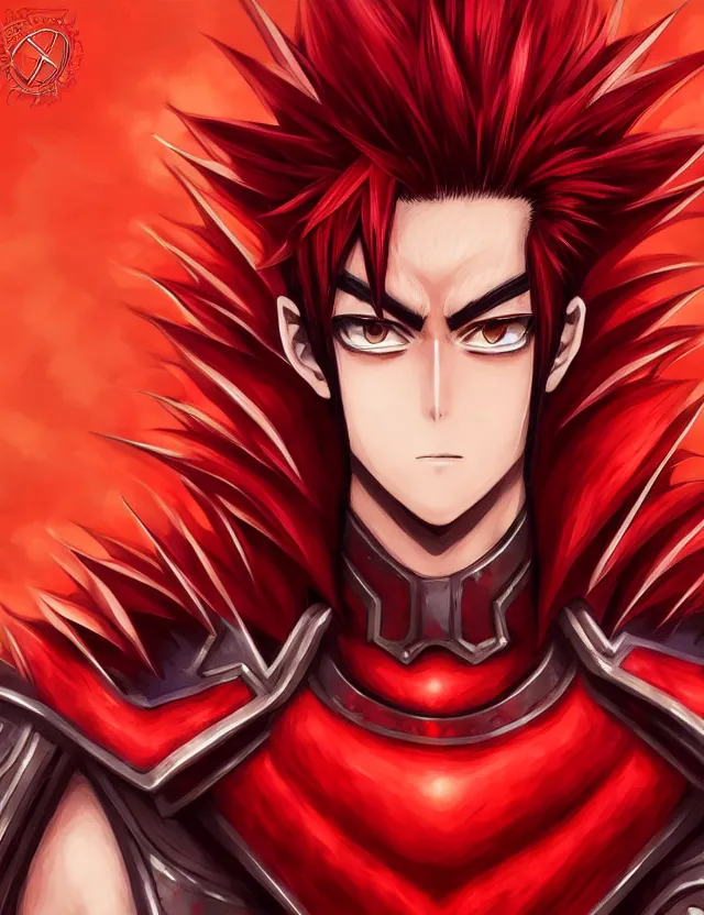 Image similar to a detailed manga portrait of a handsome tall man with spiked crimson hair in fiery crimson crystalline armour, trending on artstation, digital art, 4 k resolution, detailed, high quality, sharp focus, hq artwork, coherent, insane detail, character portrait