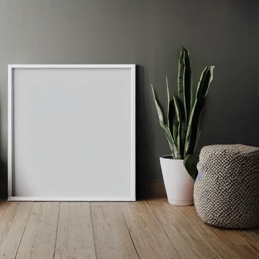 Prompt: a minimalist mockup photo with large blank frame, in a white boho style studio, trending on etsy