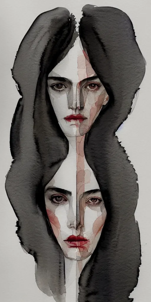 Image similar to beautiful face woman, symmetrical, grey, colorless and silent, watercolor portraits by Luke Rueda Studios and David downton