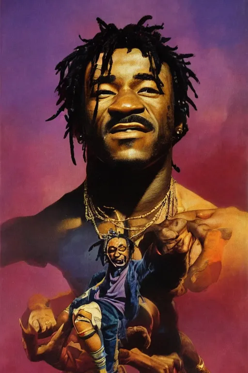 Image similar to Movie poster of Lil Uzi Vert, by frank frazetta, ilya repin, 8k, hd, high resolution print