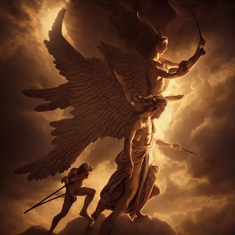 Image similar to an archangel fighting the devil, dreamy atmosphere, symmetrical baroque painting, perfect composition, beautiful and detailed intricate octane highly detailed trending on Artstation, 8K fine art photography, photorealistic, soft natural volumetric cinematic perfect light, chiaroscuro, prize- winning photography, masterpiece, Raphael, Caravaggio, Greg Rutkowski, Beeple