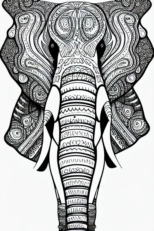 Image similar to elephant ornaments fractal ink drawing line art colouring page vector margins, fine lines