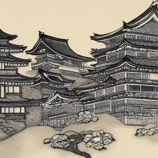 Image similar to a beautiful ink painting of buildings in japanese traditional style, in the style of hiroshi yoshida, at night, light effect, detailed, high - definition, exquisite isolated very detailed, moody lighting, 8 k highly detailed, trending on artstation