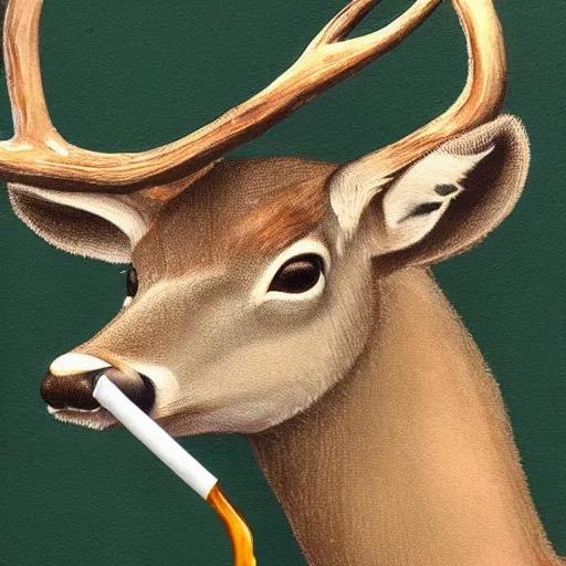 Image similar to deer with a cigarette in its mouth and thick smoke coming out of the cigarette, very detailed, thick paint, expressive, brown and green palette, rule of thirds, dripping paint, thick strokes