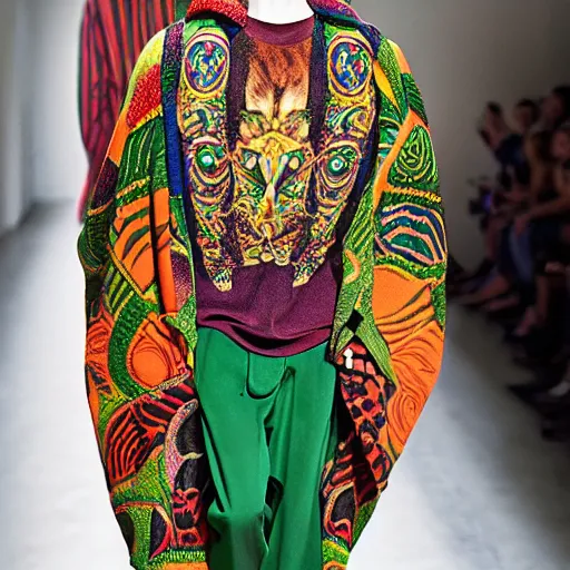 Image similar to gucci versace colorful intense intricate textile chiton himation cloak tunic streetwear cyberpunk modern fashion jupiter beguiled by juno on mount ida