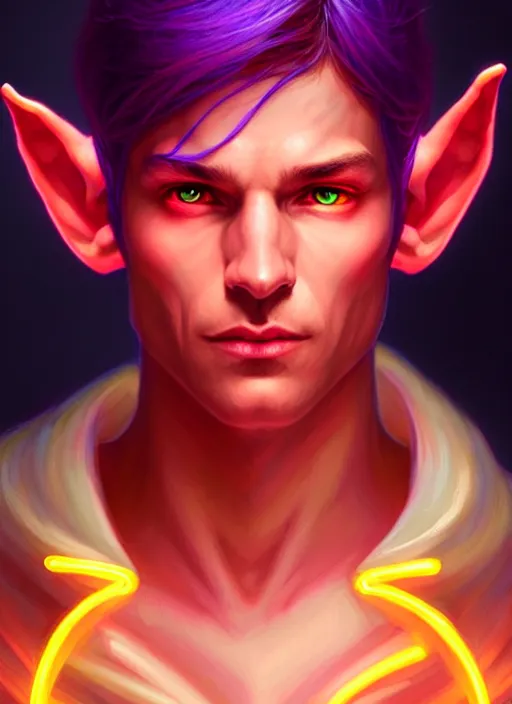 Prompt: meditative male elf rogue, dnd fantasy character portrait, glowing neon skin, magical aura, ultra realistic, intricate, elegant, highly detailed, digital painting, artstation, smooth, sharp, focus, illustration, art by artgerm and greg rutkowski and alphonse mucha