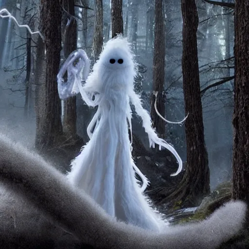 Prompt: an ethereal dream like fantasy fluffy ghost like spooky live action muppet wraith like figure with a squid like parasite latched as its head and four long tentacles for arms that flow gracefully at its sides like a cloak while it floats around a frozen rocky tundra in the snow searching for lost souls and that hides amongst the shadows in the trees, this character has cryokinesis and umbrakinesis and is a real muppet by sesame street for a spooky halloween special, photo realistic, real, realistic, felt, stopmotion, photography, sesame street