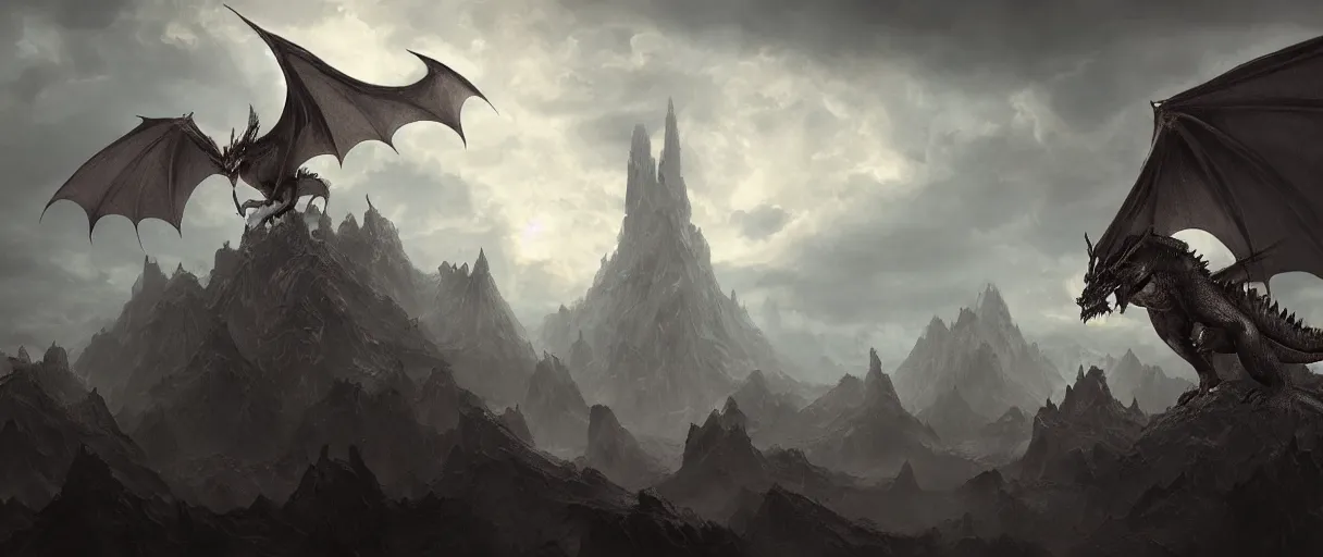 Prompt: dragon fire scorched the tops of castles, dragons with massive wings soar high in the sky, dark, scary, brooding amazing concept painting by Jessica Rossier and HR Giger