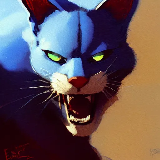 Image similar to blue cat eating red sable painting by eddie mendoza, greg rutkowski