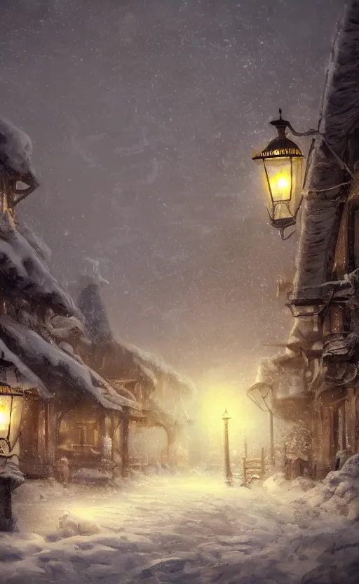 Image similar to a blurry ambient lantern in the distance of a snowy village at night, dynamic lighting, ambient lighting, atmospherical, photorealistic fantasy concept art, trending on art station, stunning visuals, creative, cinematic, ultra detailed