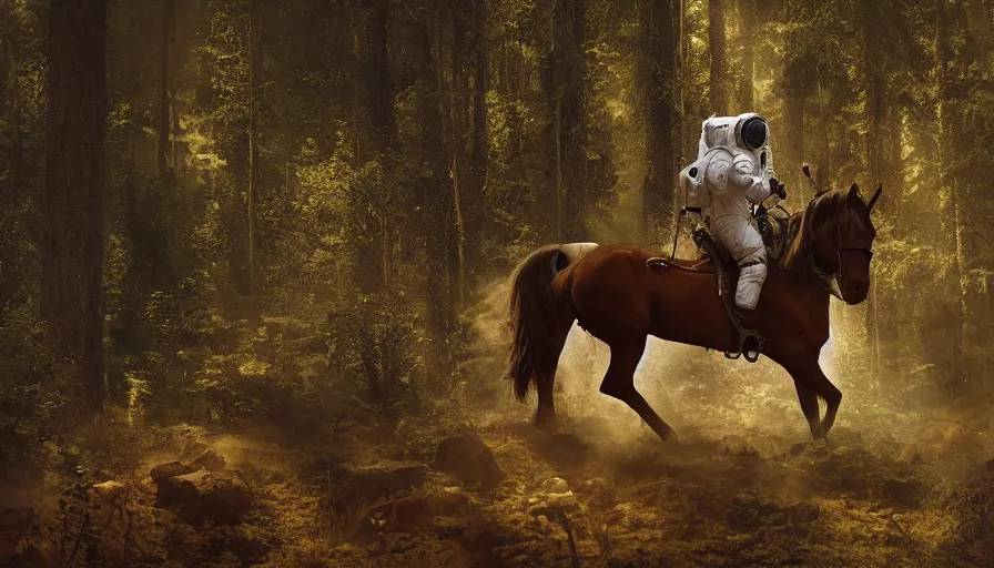 Prompt: american astronaut in the forest riding a horse, plants environment, wide angle, cinematic lighting, atmospheric, realistic, octane render, highly detailed, color graded, in the style of craig mullins