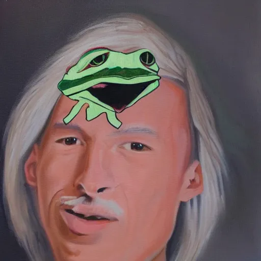 Image similar to Portrait of xQc with pepe the frog , oil painting