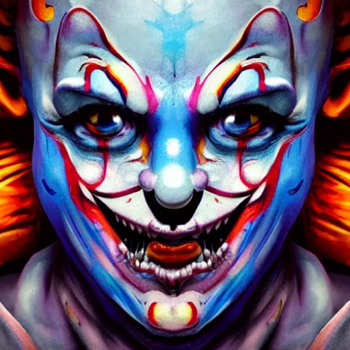 Image similar to 4K headshot of godlike clown with blue skin with defined arms and open hands and bloody clothes with giant mandala wings , white intricate scary clown makeup , flawless anime cel animation by Kentaro Miura, psychedelic , highly detailed upper body , professionally post-processed , beautiful, scary, symmetry accurate features, epic, octane rendered, anime masterpiece, accurate