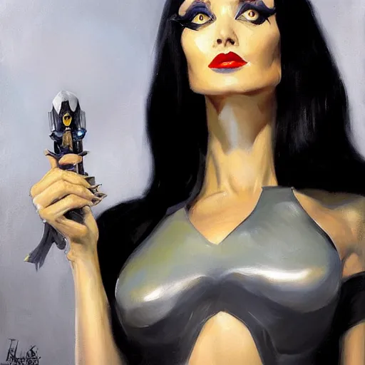 Image similar to greg manchess portrait painting of partially armored morticia from addams family as overwatch character, medium shot, asymmetrical, profile picture, organic painting, sunny day, matte painting, bold shapes, hard edges, street art, trending on artstation, by huang guangjian and gil elvgren and brom