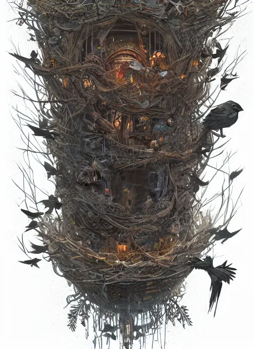 Image similar to crows nest like a human wreath, cruelty, black crows, light effect, hyper detailed, intricate, elegant, highly detailed, digital painting, artstation, concept art, matte, sharp focus, illustration, by dan mumford, yusuke murata, makoto shinkai, ross tran