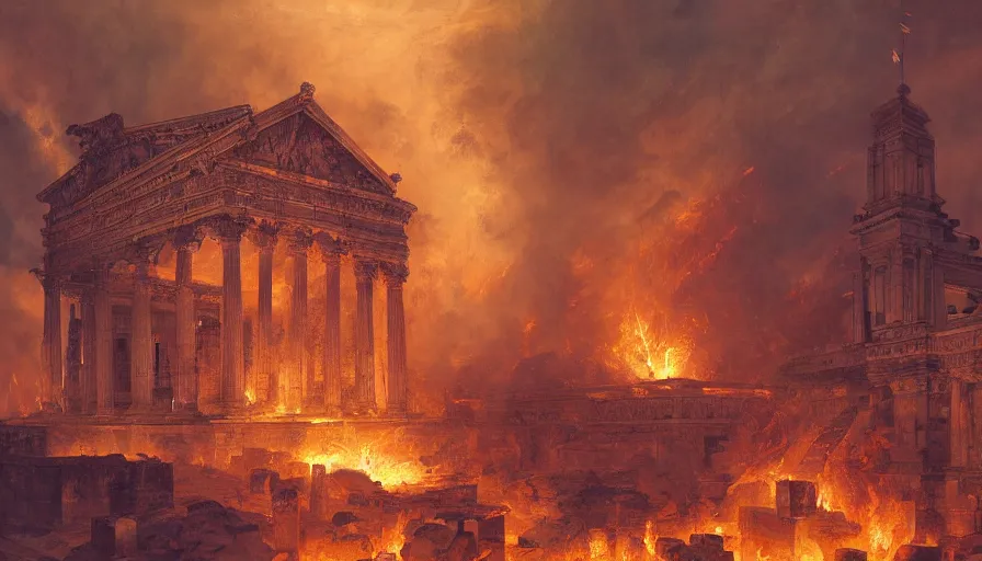 Prompt: Baroque painting of a gigantic Roman temple on fire, hyperdetailed, artstation, cgsociety, 8k