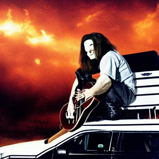 Prompt: ozzy osborne playing guitar ontop of a van, darkness, thunder, bat's flying around the sky