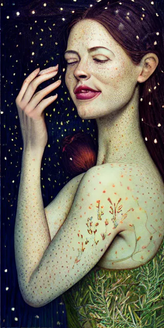 Prompt: adorable woman, serene smile surrounded by golden firefly lights, amidst nature fully covered by a intricate detailed dress, long red hair, precise linework, accurate green eyes, small nose with freckles, smooth oval shape face, empathic, expressive emotions, nocturnal spiritual scene, hyper realistic ultrafine art by artemisia gentileschi, jessica rossier, boris vallejo