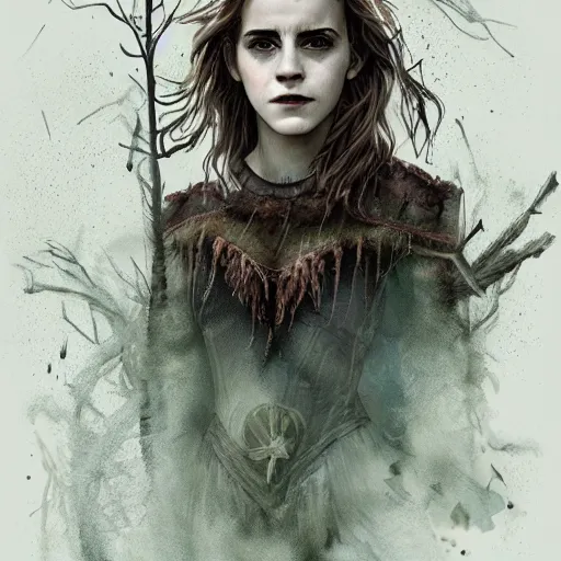 Prompt: emma watson as a swamp witch, digital art, trending on art station, swamp background, illustration, character illustration, 4 k, hyper detailed, by jason chan