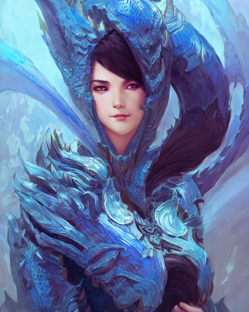 Prompt: Portrait of an azure dragon person, HD, illustration, epic, D&D, fantasy, intricate, elegant, highly detailed, digital painting, artstation, concept art, smooth, sharp focus, illustration, art by artgerm and greg rutkowski and alphonse mucha, monster hunter illustrations art book