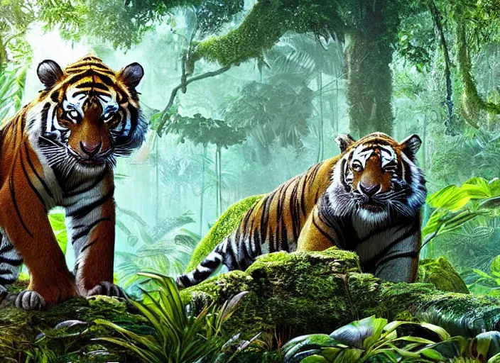 Image similar to a moist and misty jungle, a majestic tiger peeks through the brush, vines swoop in to frame, full color, depth of field, cinematic, digital art in the style of Disney live action the jungle book,