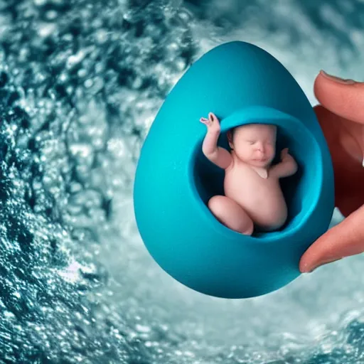 Prompt: baby mermaid hatching out of an egg, realistic photography, high detailed