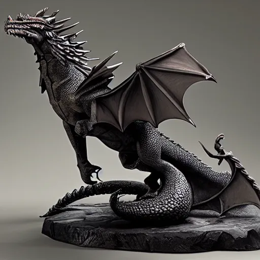 Prompt: a blackstone statue of a realistic dragon, drake, wyvern, dragon