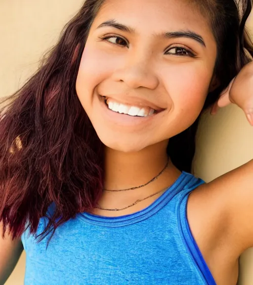 Prompt: a professional portrait of a 1 7 year old hispanic filipina girl with a sporty flair, mahogany eyes, dyed rainbow hair in a pixie cut, a blue tank top, a confident smile, small stature, athletic, warm brown eyes