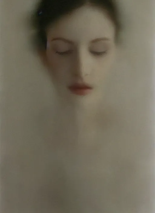 Prompt: out of focus photorealistic portrait of a beautiful!!! aesthetic!!! pale woman by sarah moon and saul leiter, very blurry, translucent white skin, closed eyes, foggy