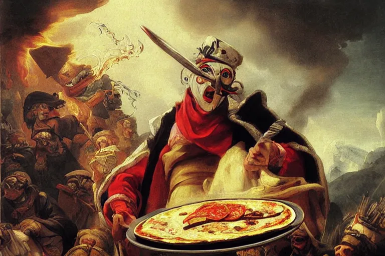 Prompt: a highly detailed menacing painting of pulcinella!!! from naples with a pizza!! and lots of fire, a volcano and dark smoke, an ultrafine painting by giovanni domenico tiepolo, dramatic lighting, trending on deviantart, sharp focus, octane, masterpiece