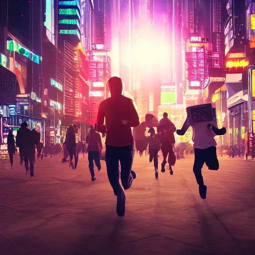 Image similar to landscape view of people running from a giant bitcoin in the city, cyberpunk art, photorealism, light behind