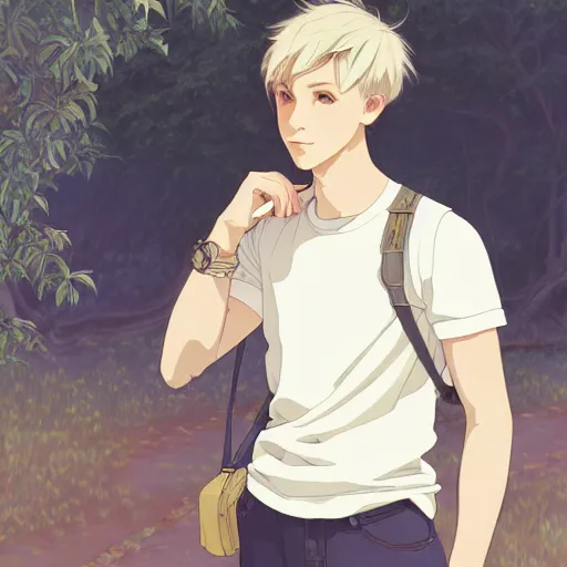 Image similar to young man with short, ash blond greyish hair, light brown eyes, casual clothes, relaxing, happy, path traced, highly detailed, high quality, digital painting, by studio ghibli and alphonse mucha, beautiful details, soft and warm