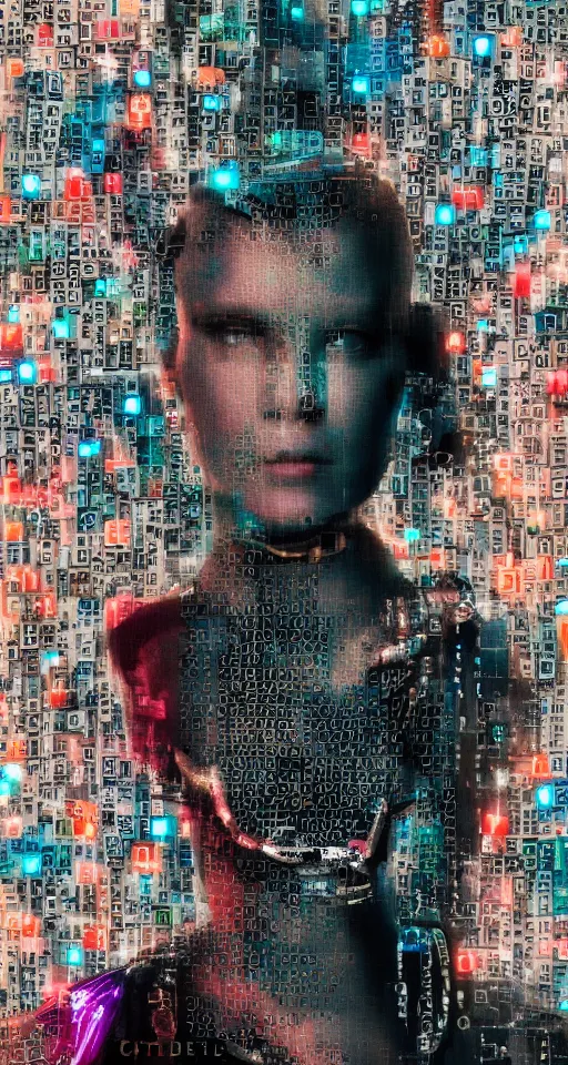 Image similar to Portrait of a Cyborg Queen, cyberpunk city back drop, Matrix Code Sky, collage art, mixed media, hypermaximalist, photo realistic, 8k