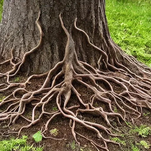 Image similar to a hand made of tree roots growing out of the ground