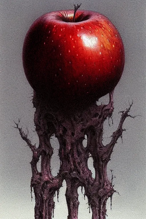 Image similar to something strange on my apple, close up of an apple, by zdzislaw beksinski, by dariusz zawadzki, by wayne barlowe, gothic, surrealism, cosmic horror, lovecraftian, cold hue's, warm tone gradient background, concept art, beautiful composition