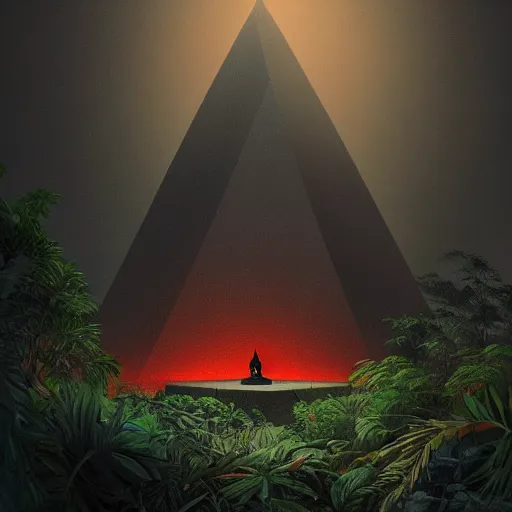 Image similar to black obsidian pyramid!! in a jungle, with a silhouette of humanoid creature by eugene von guerard, ivan shishkin, night, red lightning!!, night!, dramatic lighting, concept art, trending on artstation, 8 k