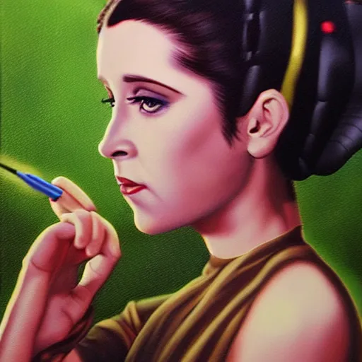 Prompt: black velvet painting of princess leia, photorealism, by bruce white,