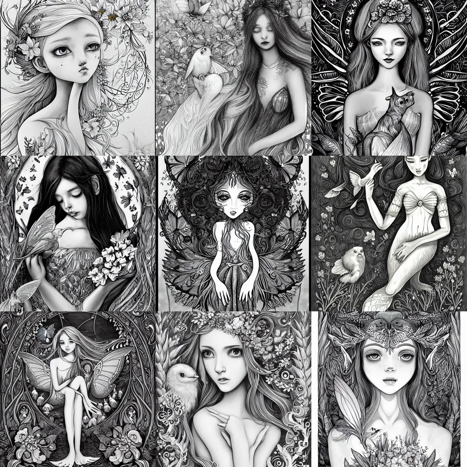 Prompt: magical illustrations of ethereal fantasy creatures, beautiful fairies, mermaids and female portraits with flowers, whimsical big - eyed characters accompanied by animals and birds, greyscale, line art