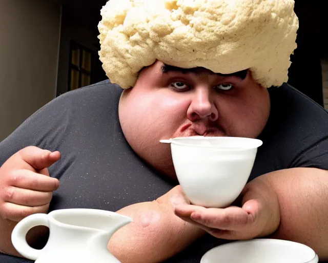 Prompt: Obese man with an afro eating as much flour and oil humanly possible, he weighs 900000000 pounds and is drinking oil from a pitcher