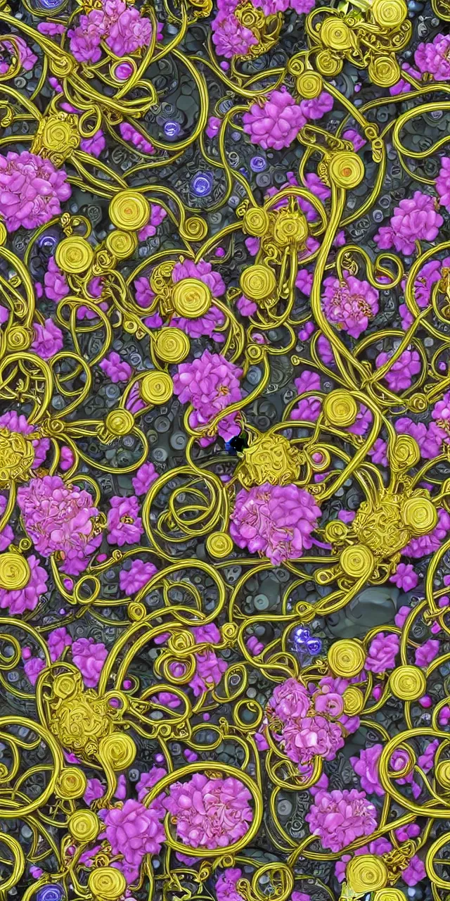 Image similar to seamless pattern of beautiful cybernetic robotic angel with colorful flowers bvlgari jewelry and cables arranged in a baroque damask pattern, subsurface scattering, rainbow liquids, inside organic robotic tubes and parts, black background, symmetrical composition + intricate details, hyperrealism, wet, reflections + by alfonse mucha, no blur