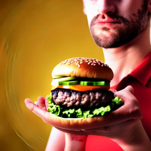 Image similar to a human living in a hamburger, the human is inside the burger cooking burgers