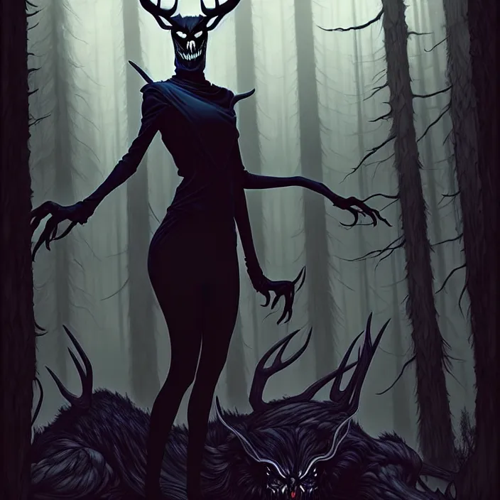 Image similar to style artgerm, joshua middleton, diego fazio, gerald brom : : scary wendigo with antlers and skull face mixed with werewolf : : [ beautiful witch wearing a black dress, symmetrical face, on the right side ] : : in the forest, detailed, dark and foggy, cinematic lighting