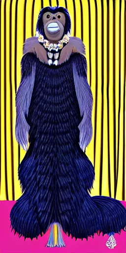 Image similar to An orangutan wearing a navy designer dress and a sapphire necklace attending the Met Gala, hyperdetailed, photorealistic, high fashion