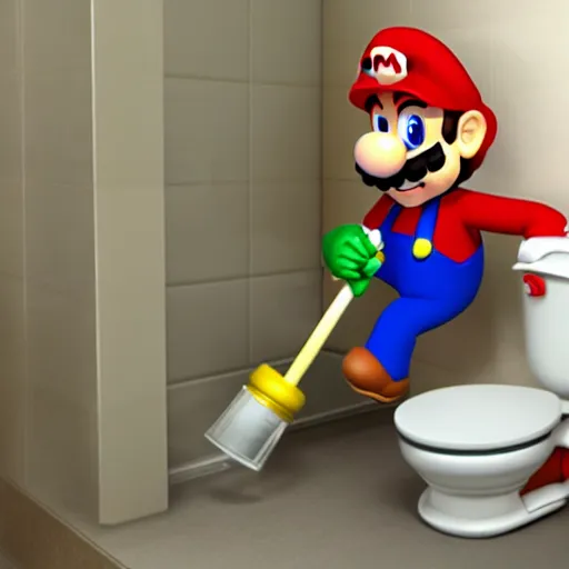 Image similar to super mario using a plunger to unclog a toilet