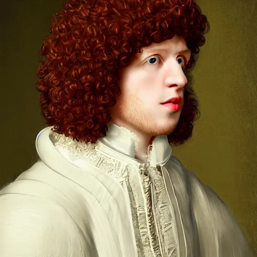 Image similar to young man with curly reddish hair, in rich Russian furcoat, with pearl earring, Russian Empire, cinematic lighting, highly detailed, digital art, Renaissance painting, framed, by Kiprensky, by Rutkowsky,