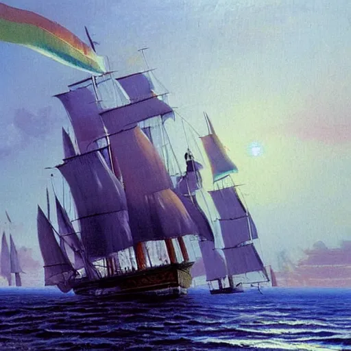 Image similar to A pirate on the high seas that has magical pearlescent shimmering see through sails, painting by John Harris, rainbow colored sails