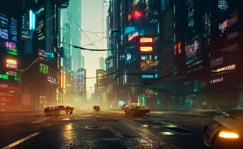 Image similar to photorealistic Cyberpunk city street with flying cars on the roads dark, wet, night light fixtures. 8K. detailed. photorealism. artstation. 25mm f/1.7 ASPH Lens. ultra realistic